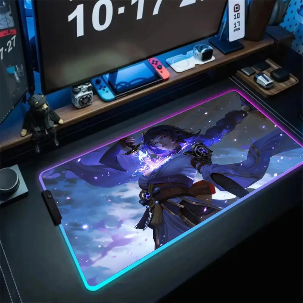 

Коврик для мыши RGB, уникальный женский самурайский тематический игровой коврик со светодиодной подсветкой, резиновый противоскользящий настольный коврик, аксессуары для ПК, игровая клавиатура, коврик для мыши
