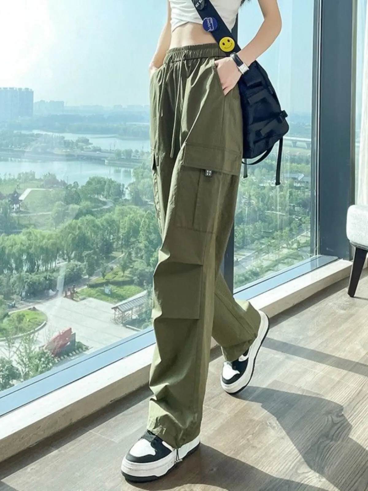 American Style Thin Casual Cargo Pants Women Summer Small Size Cuffed Hiking Pants Loose Wide Leg Quick Dry Sports Trousers