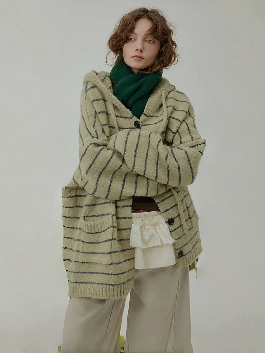 

Casual Contrasting Striped Hooded Knitted Cardigan Women'S Autumn And Winter Retro Loose Lazy Style Mid Length Sweater