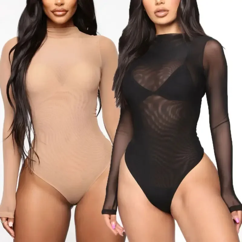 Sexy Mesh See Through Bodysuit Women Long Sleeve Sheer Bodysuits High Neck Bodycon Jumpsuit See Through Romper