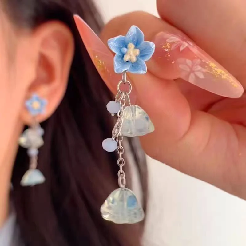

Cool Blue Flower Crystal Tassel Pendant Stud Earrings for Women New Fashion Trend Elegant Sweet Girl Party Jewelry Birthday Gift