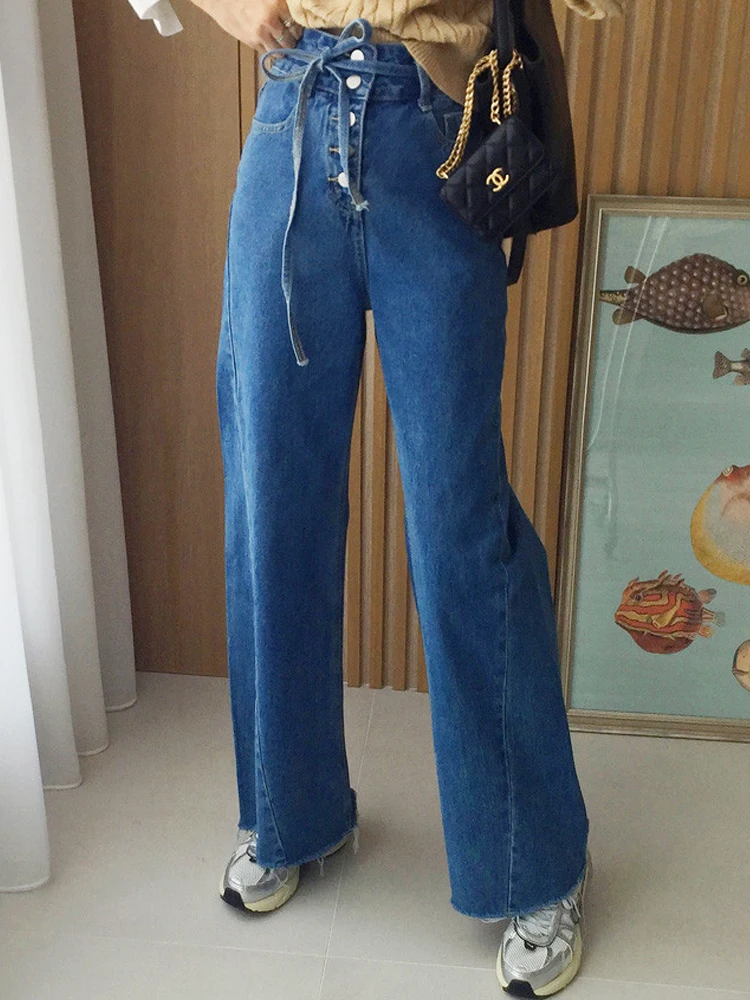 High Waist Wide Leg Straight Cut Jeans Women's Casual Versatile Single Button Spring Fashion Blue Denim Pants for Adults