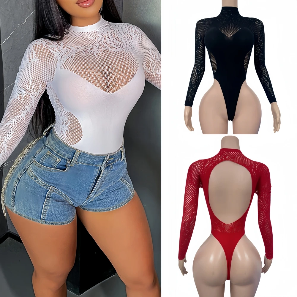 

FAGADOER Sexy Hollow-out Bodycon Rompers Women Mesh See Through Backless Long Sleeves Playsuits Female Streetwear Overalls New