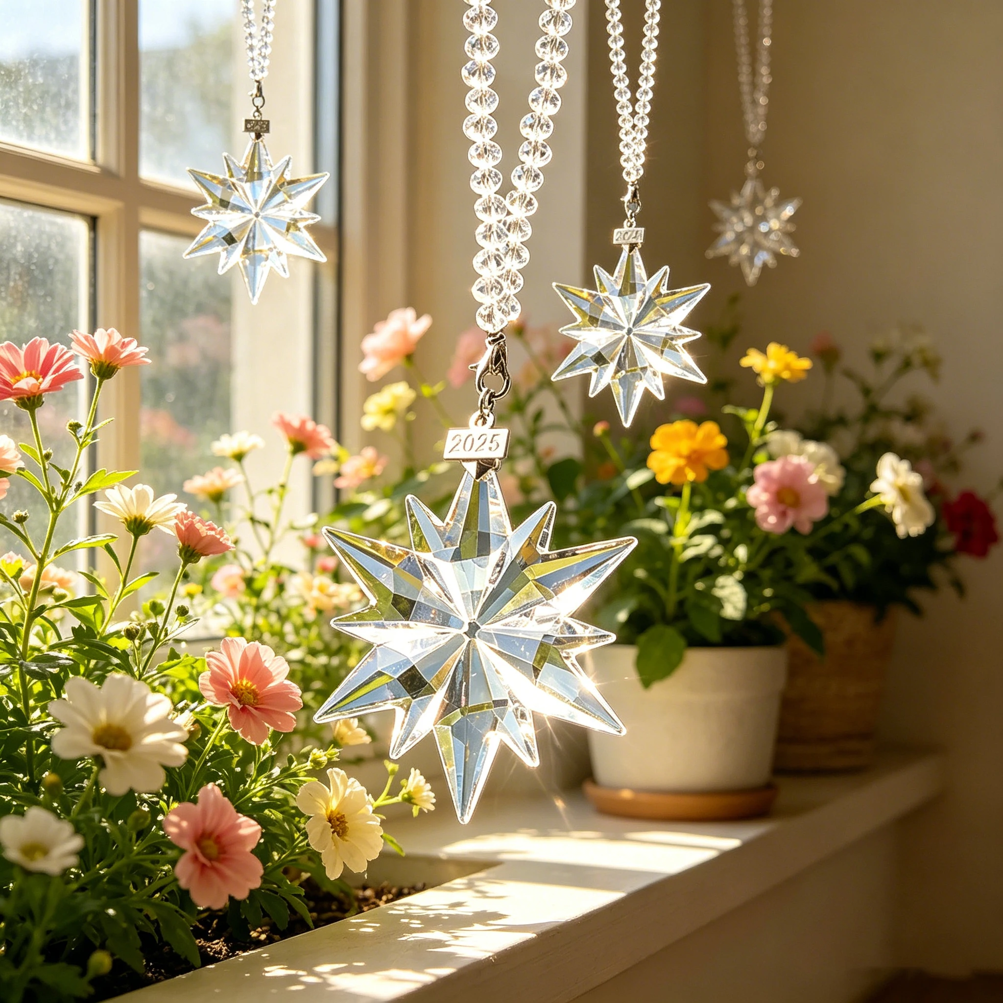 3D 12 Point Snowflake Crystal Pendant Round Bead Chain Car Home Window Rainbow Light Refraction Commemorative Hanging Charm