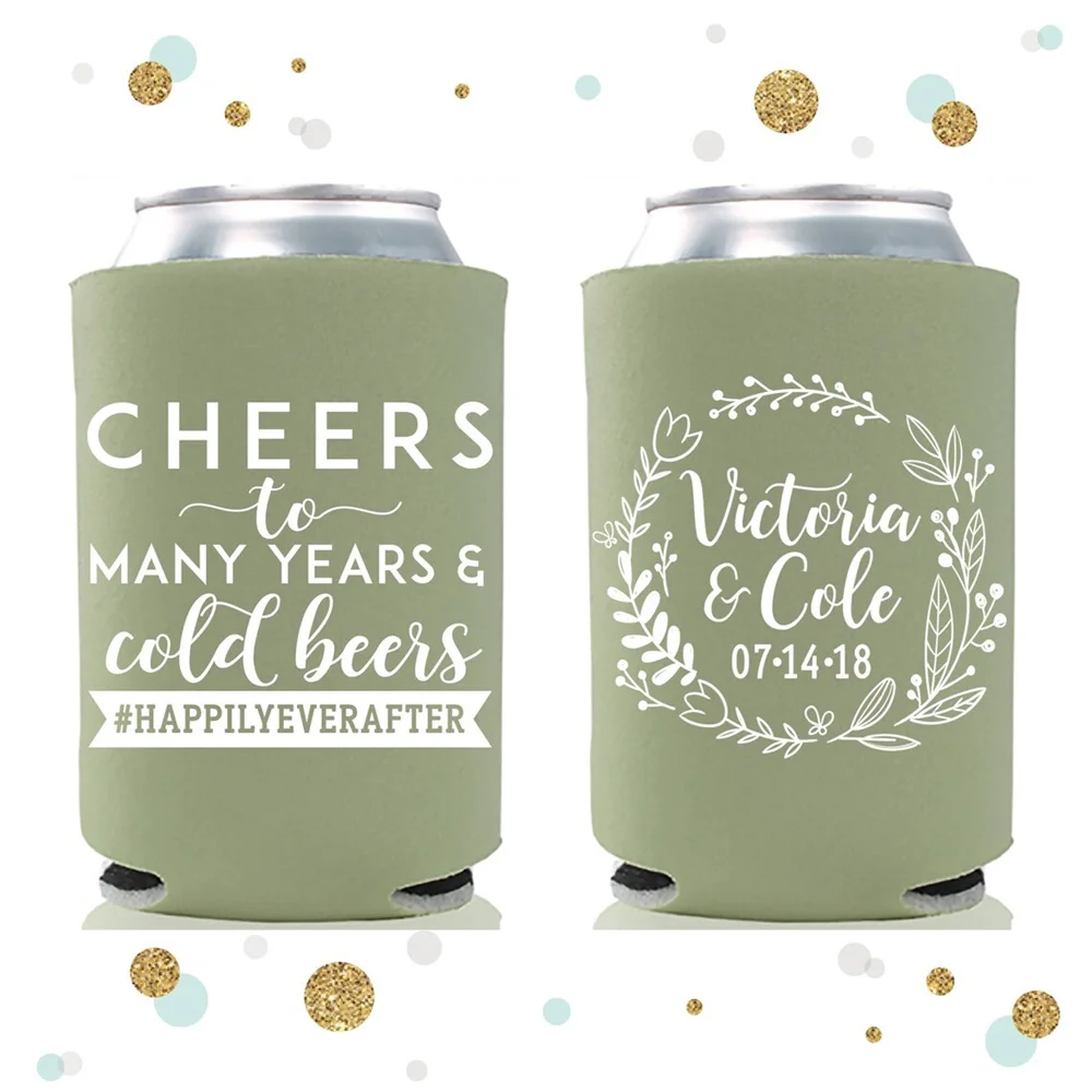 

Cheers to Many Years - Wedding Can Cooler #113R - Custom - Wedding Favors, Beverage Insulators, Beer Huggers