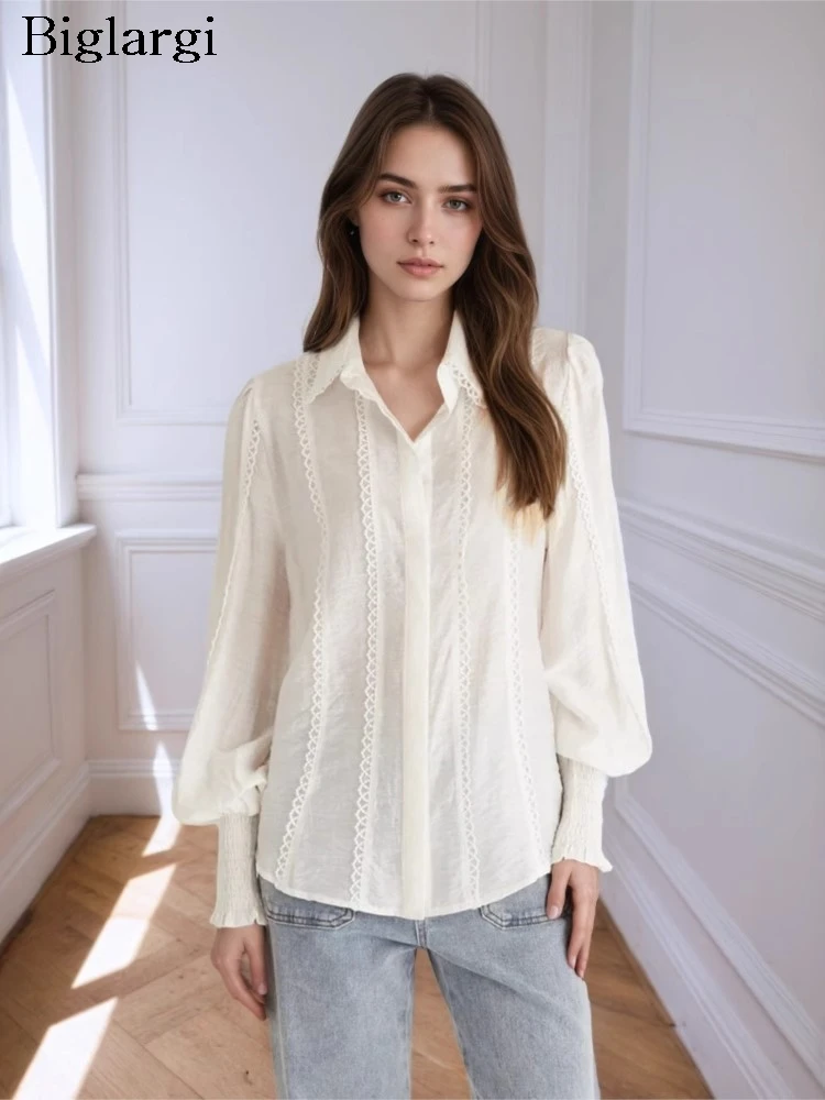 

Spring Summer Shirts Women Lantern Long Sleeve Fashion Lace Embroidery Ladies Blouses Loose Woman Shirt