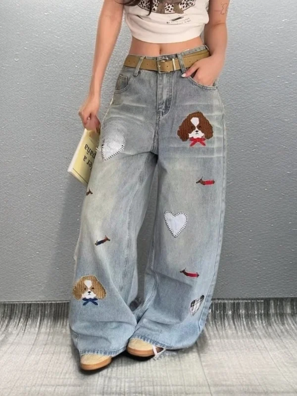 

Женские джинсы Waed Denim с высокой талией, широкими штанинами, свободного кроя, с вышивкой, весенние, повседневные, с узором в виде сердец, с множеством карманов