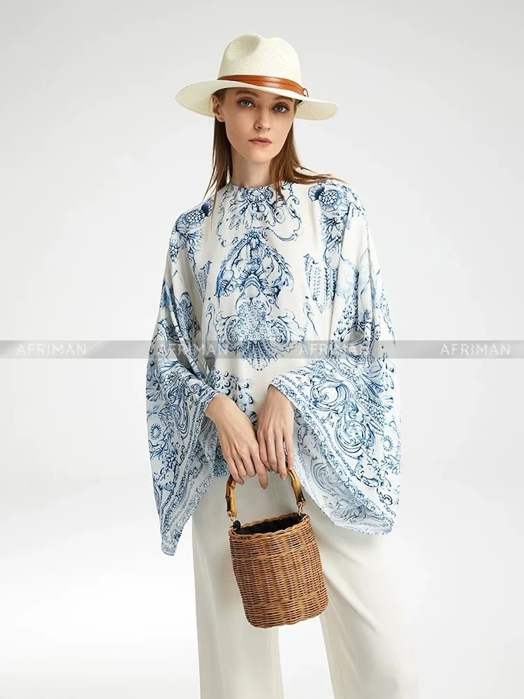 

Women New Round Neck Flare Sleeve Heavy Beaded Blue and White Print 100% Silk Loose Blouse Top