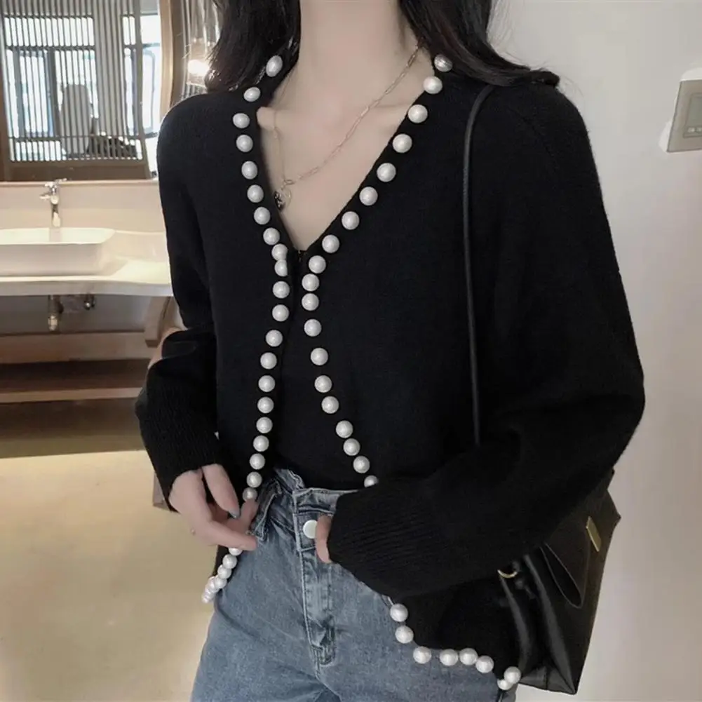 Open Front Knitted Cardigan Crew Collar Long Sleeve Sweater Coat with Faux Pearls Trim Solid Color Warm Outerwear Trendy Clothes