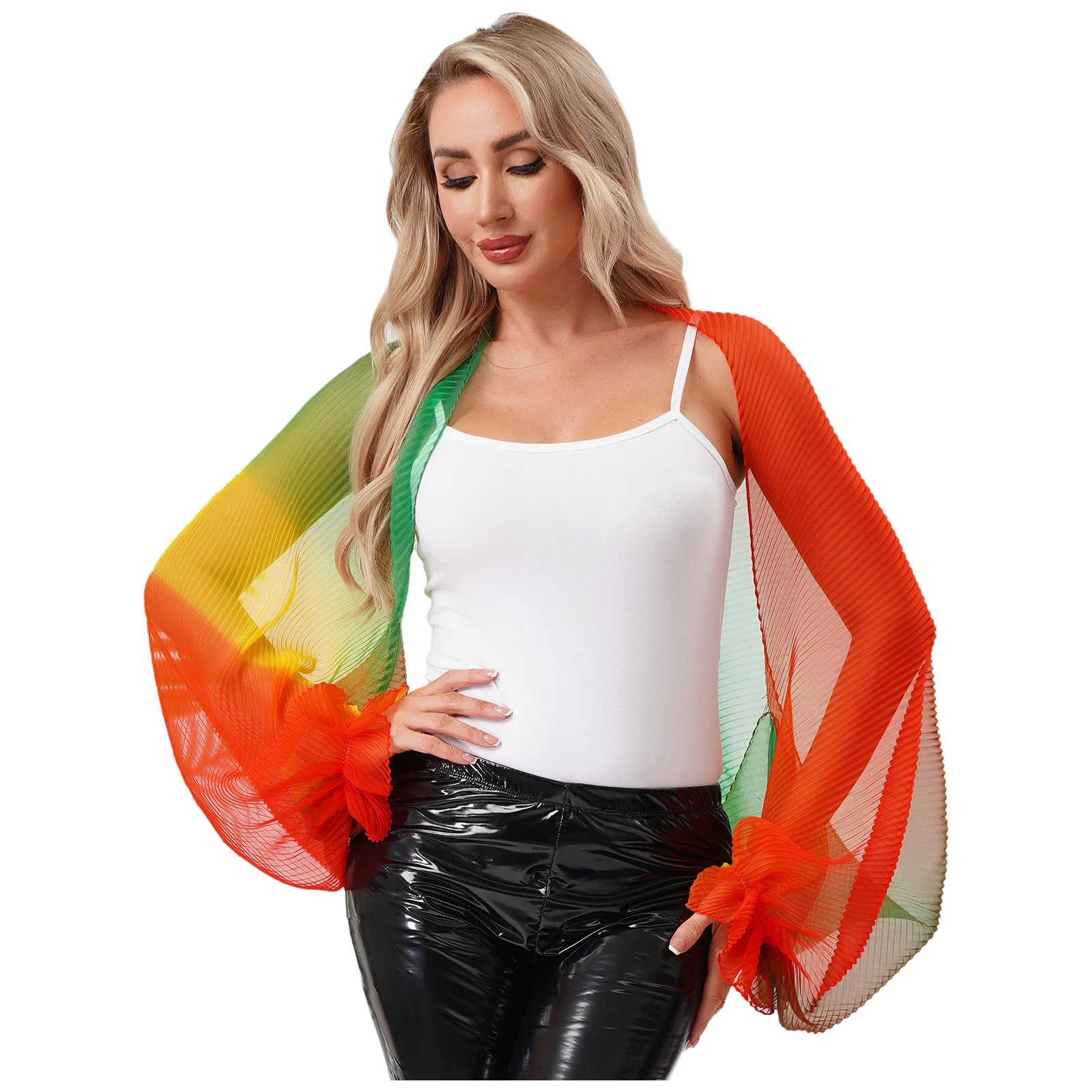 

Женское прозрачное болеро градиентного цвета радуги, шали с рюшами и длинными рукавами, плиссированный кардиган с открытой передней частью, защита от солнца, накидка
