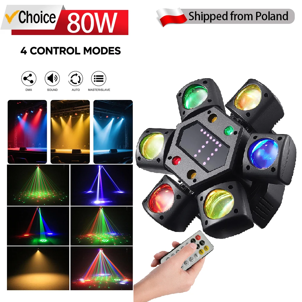 Sechsarmiger Rotierender Disco-Laser mit LED-Mustern, Bühnenbeleuchtung mit Fernbedienung und DMX512 für Hochzeiten und Festivals