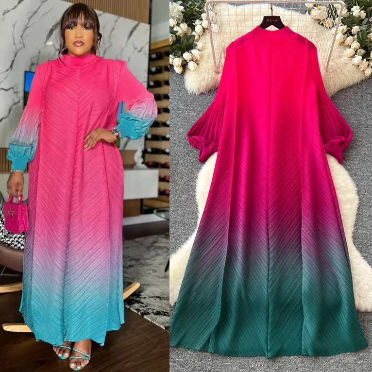 Fashion Gradual Change Color Lantern Sleeve Pleated Dress Women's Spring And Autumn Loose Drape A Word Long Dress