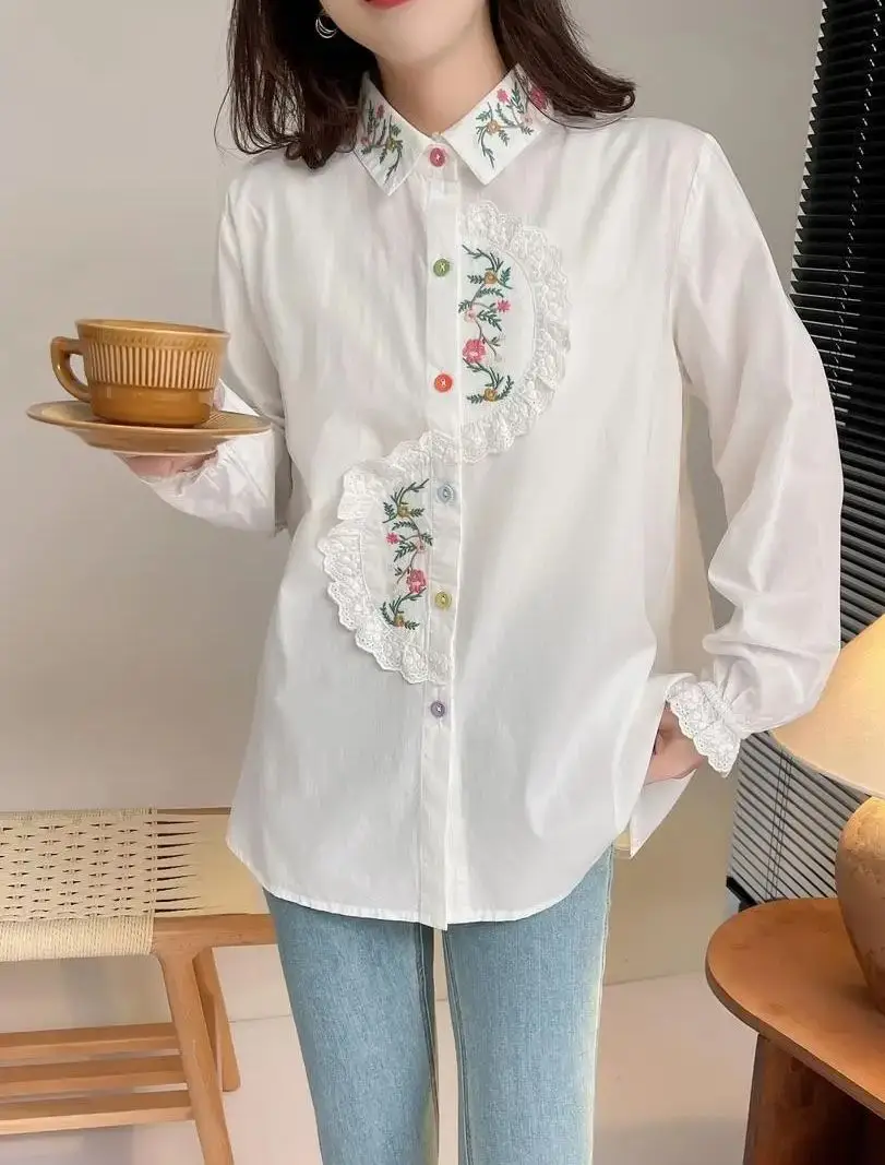 Bohemian demim shirts & blouses elegant female blouses korean popular clothes long sleeve blue embroidery jean shirts