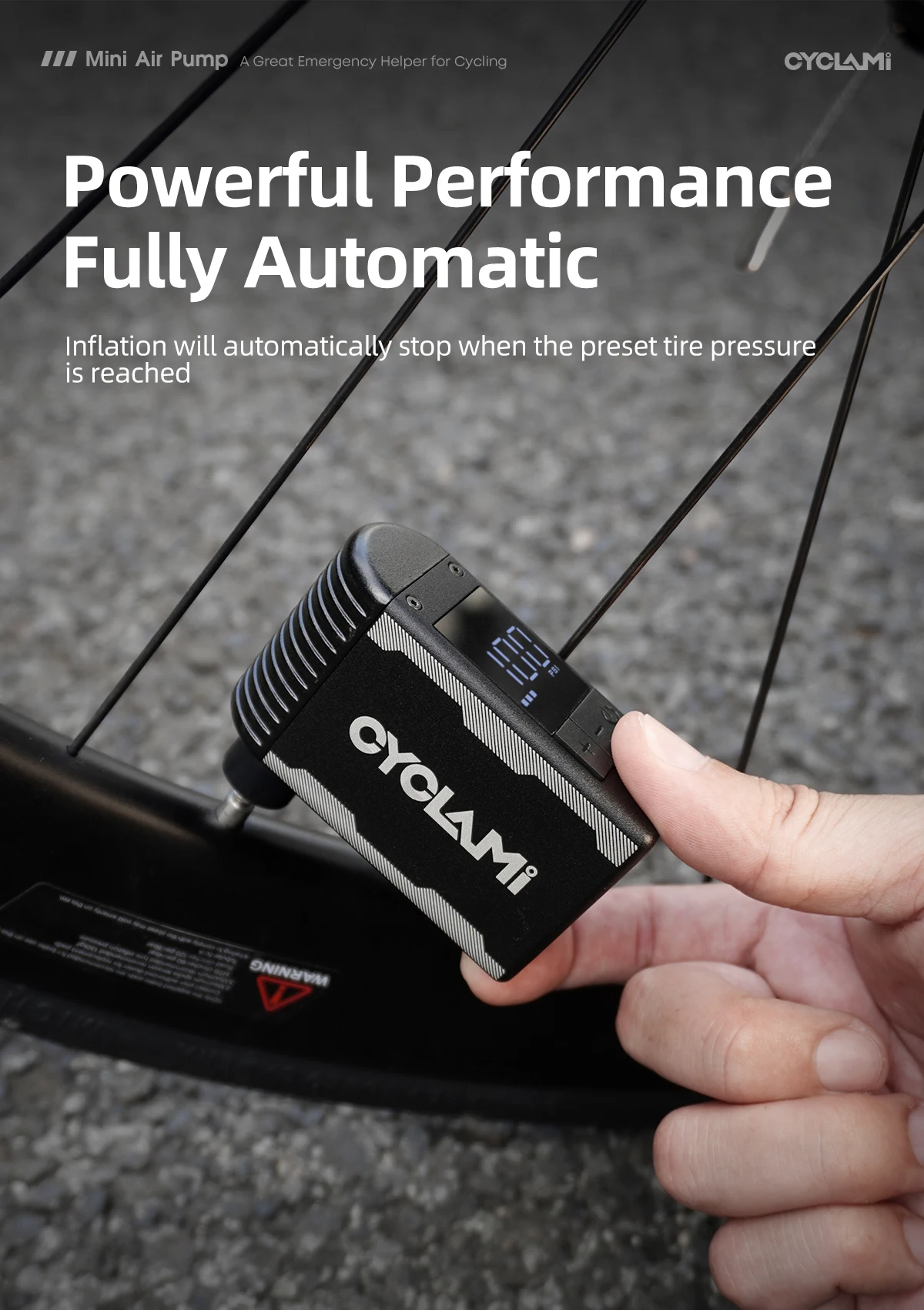 CYCLAMI A2S Tragbare Elektrische Fahrradpumpe aus Aluminiumlegierung, 120 PSI, 500 mAh, Mini-Schnellkompressor für Rennrad, MTB, Schrader- und Presta-Reifen – Detail 8
