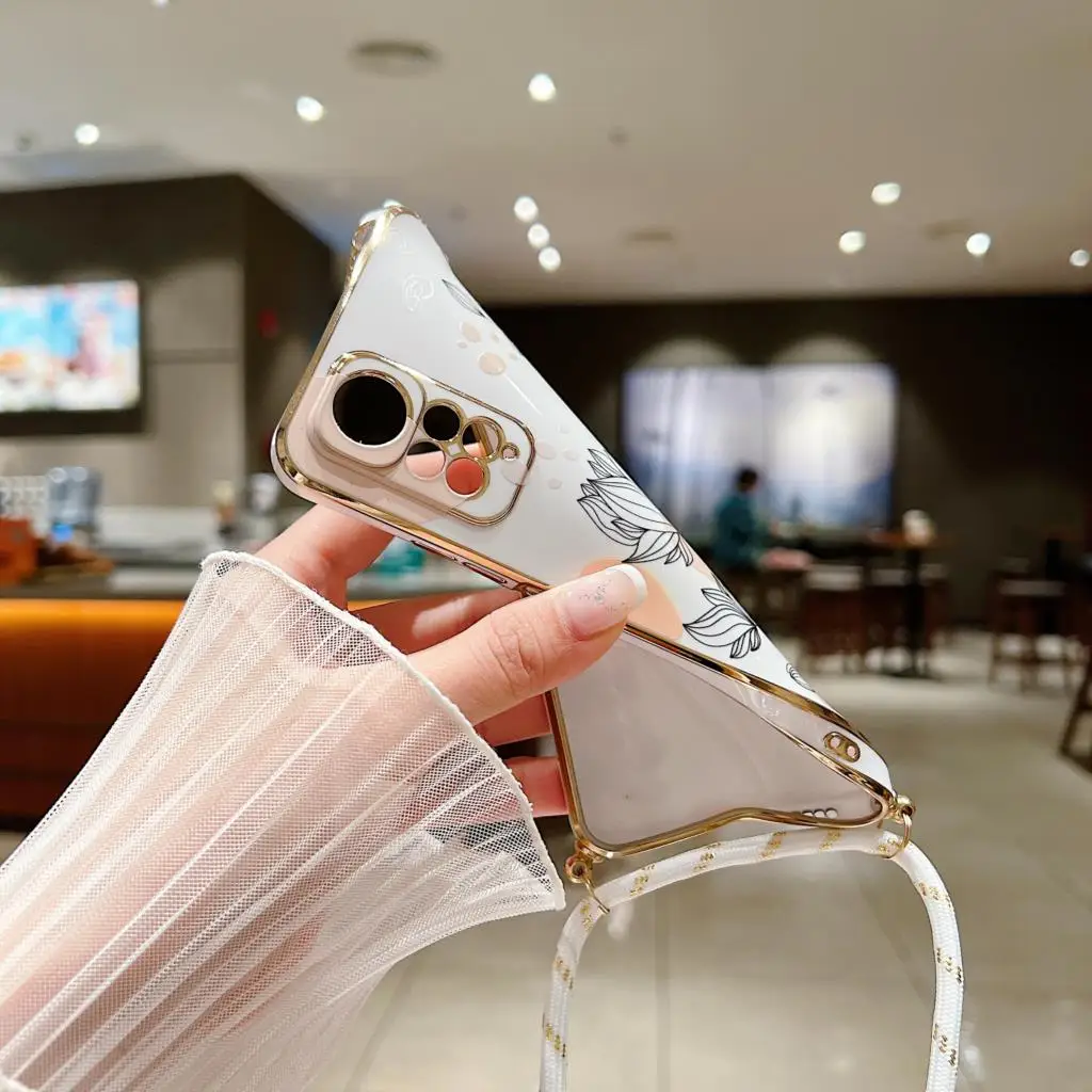 Plant Plating Diagonal Lanyard Phone Case For Xiaomi Poco X3 X4 GT X3 GT X5 M3 M5 M4 Pro M3 Pro X2 X3 NFC M5S C40 F4 F3 Cover