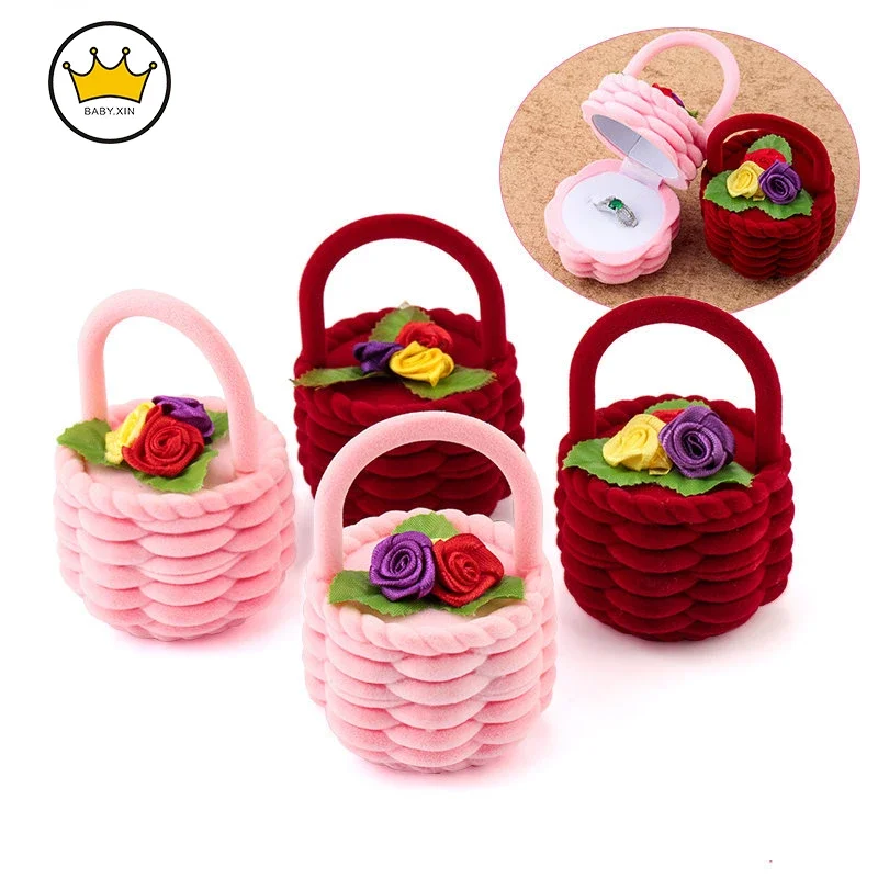 

1PC Ring Package Box for Wedding Anniversary Cute Flower Basket Shape Birthday Surprise Gift Velvet Earring Storage Case Holder