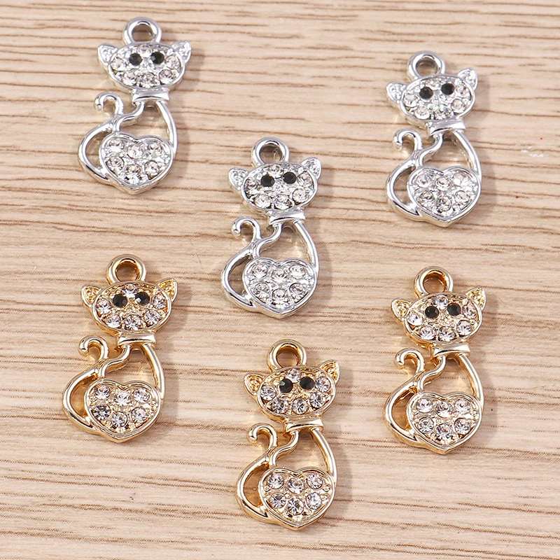 10pcs 13x18mm Cartoon Animal Charms Alloy Crystal Cat Charms for Jewelry Making Girls Cute Earrings Pendants Neckalce Craft Gift