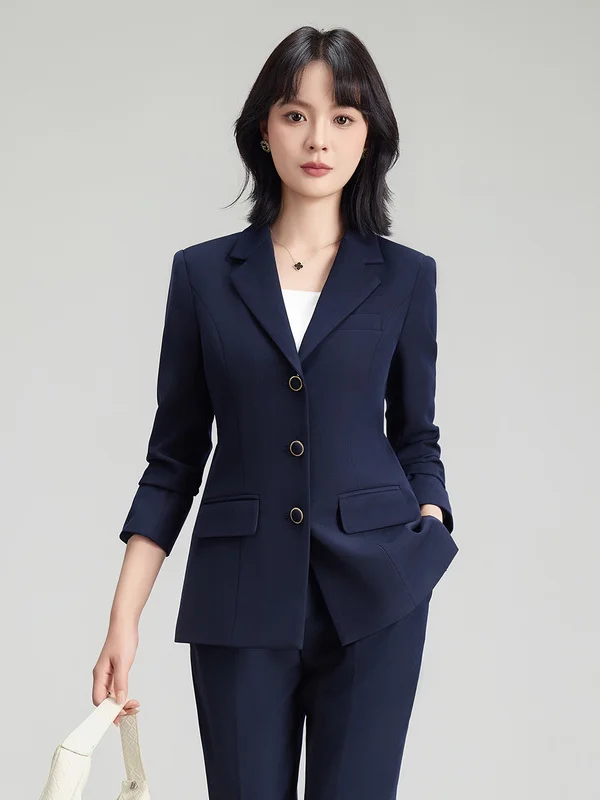 Elegant Women's Suit Set Waist-Cinching Commute Fashion Professional Office Outfit Long Sleeve Single Button Closure Suit