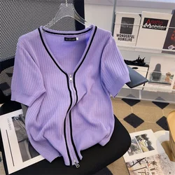 Summer V Neck Sweater Coat Women's Korean Style Outer Wear short Sleeve Ovcersized Cardigan 2022 Zipper Up Knitted Sweater