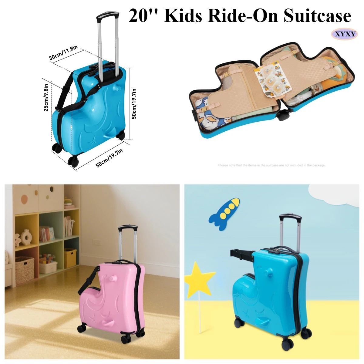 

Многофункциональный 20-дюймовый детский чемодан для верховой езды — безопасный и практичный, идеально подходит для путешествий, омни-направленные колеса — розовый/синий, Рождество