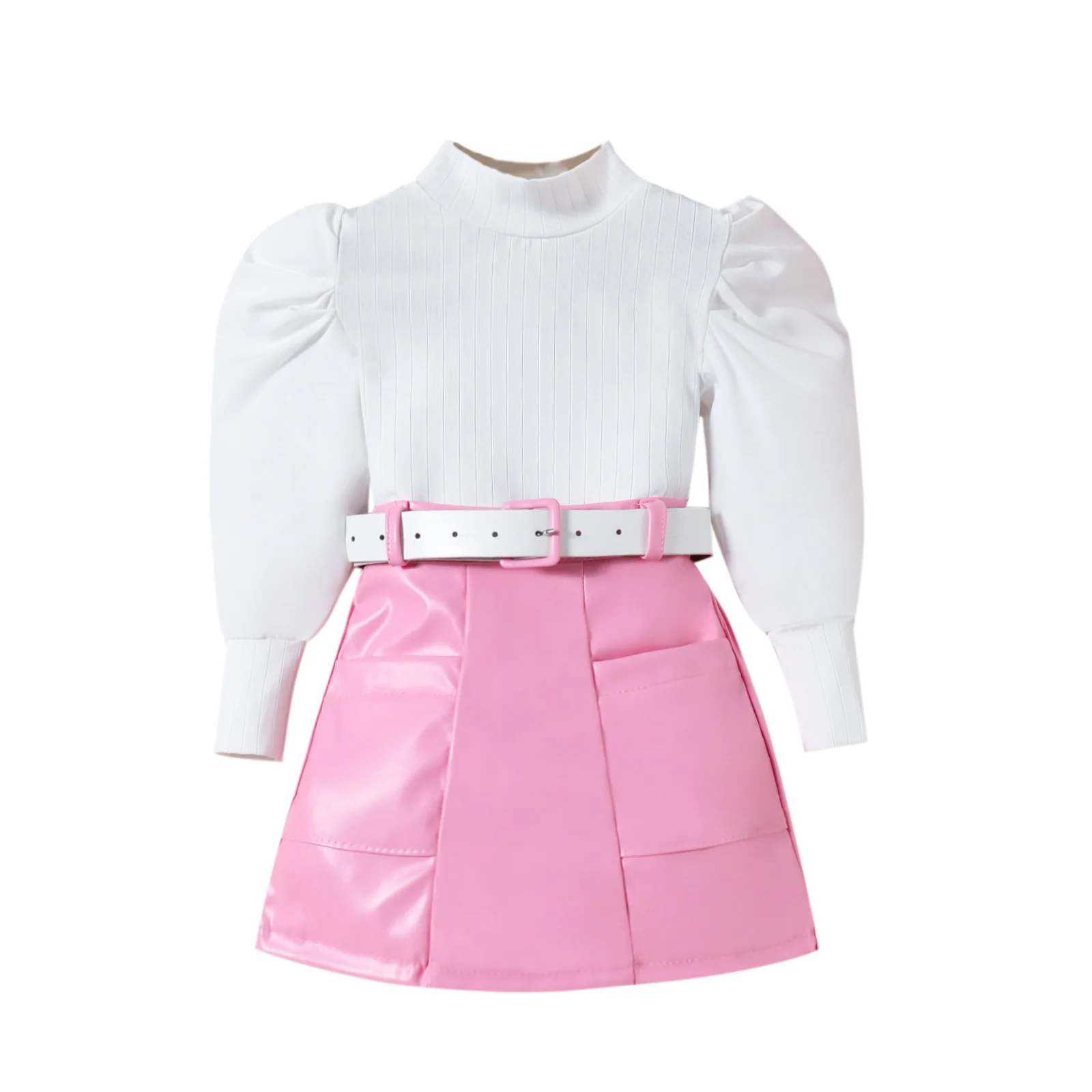 

Baby Girl Clothes Set T Shirt Long Puff Sleeve Shirt Turtleneck and Skirt PU Leather with Belt Kids Outfit Boutique chic 1-7Y