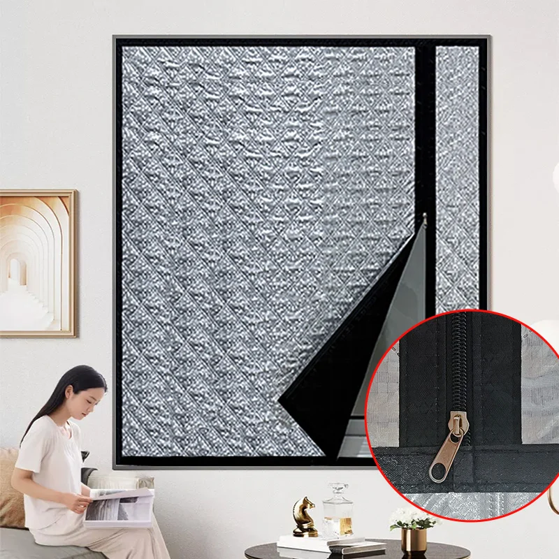 Winter thick cotton curtains, warm, light blocking, waterproof, sealed windows to prevent cold, side zipper style, self-adhesive