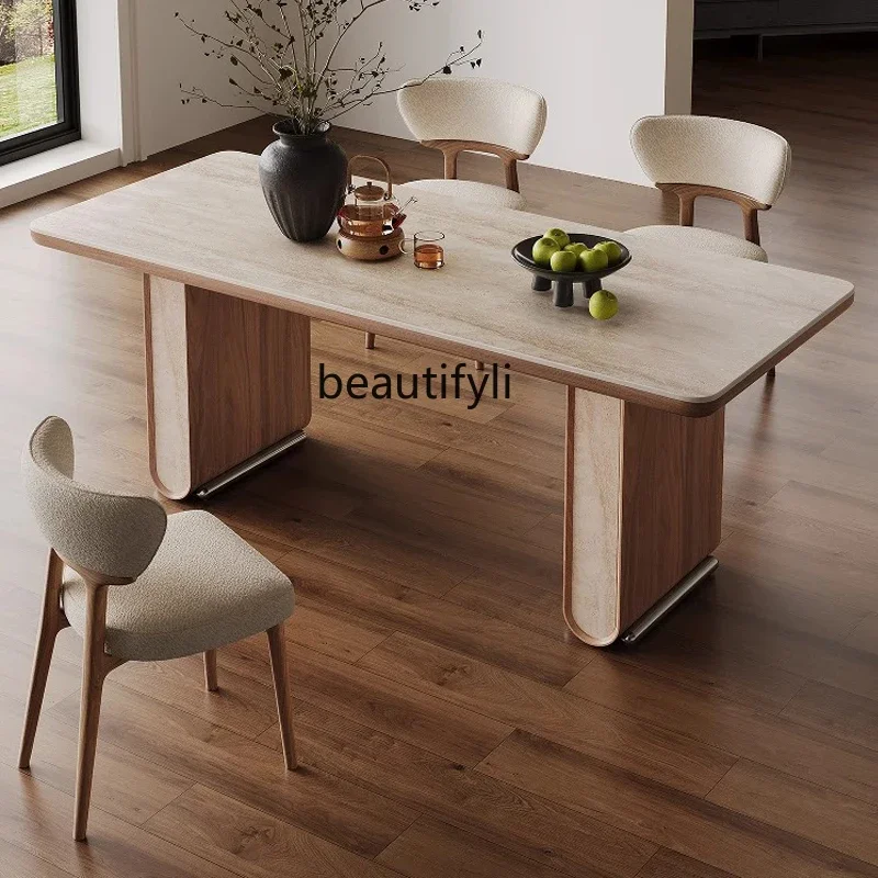 

Slate, dining table, household high-end mid-ancient style light luxury simple travertine rectangular dining table and chairs