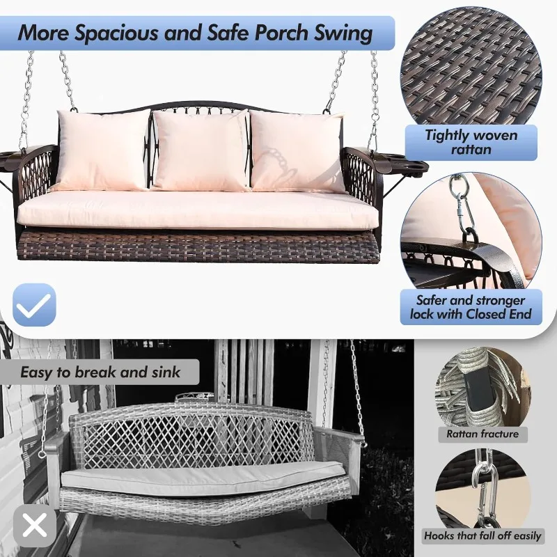 أرجوحة شرفة من الخوص شديدة التحمل 900 رطل 3 مقاعد كرسي أرجوحة للفناء الخارجي مع وسائد وسلاسل 8.9 قدم مقعد معلق خارجي مع U