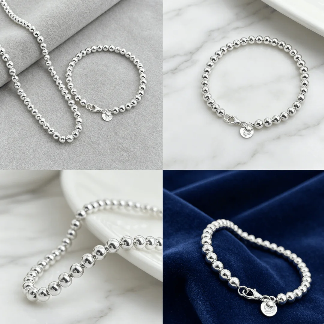 Factory price 925 Sterling silver originality 6MM hollow beads bracelet neckalce jewelry set for women man wedding fashion gifts