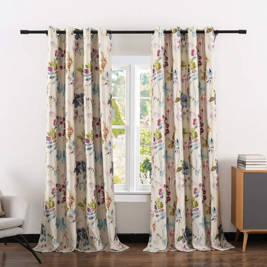 

Window Blackout Curtains for Dining Room, Purple and Green Plant Grommet Top Darkening Drapes Panel for Studio and Office, 52 x