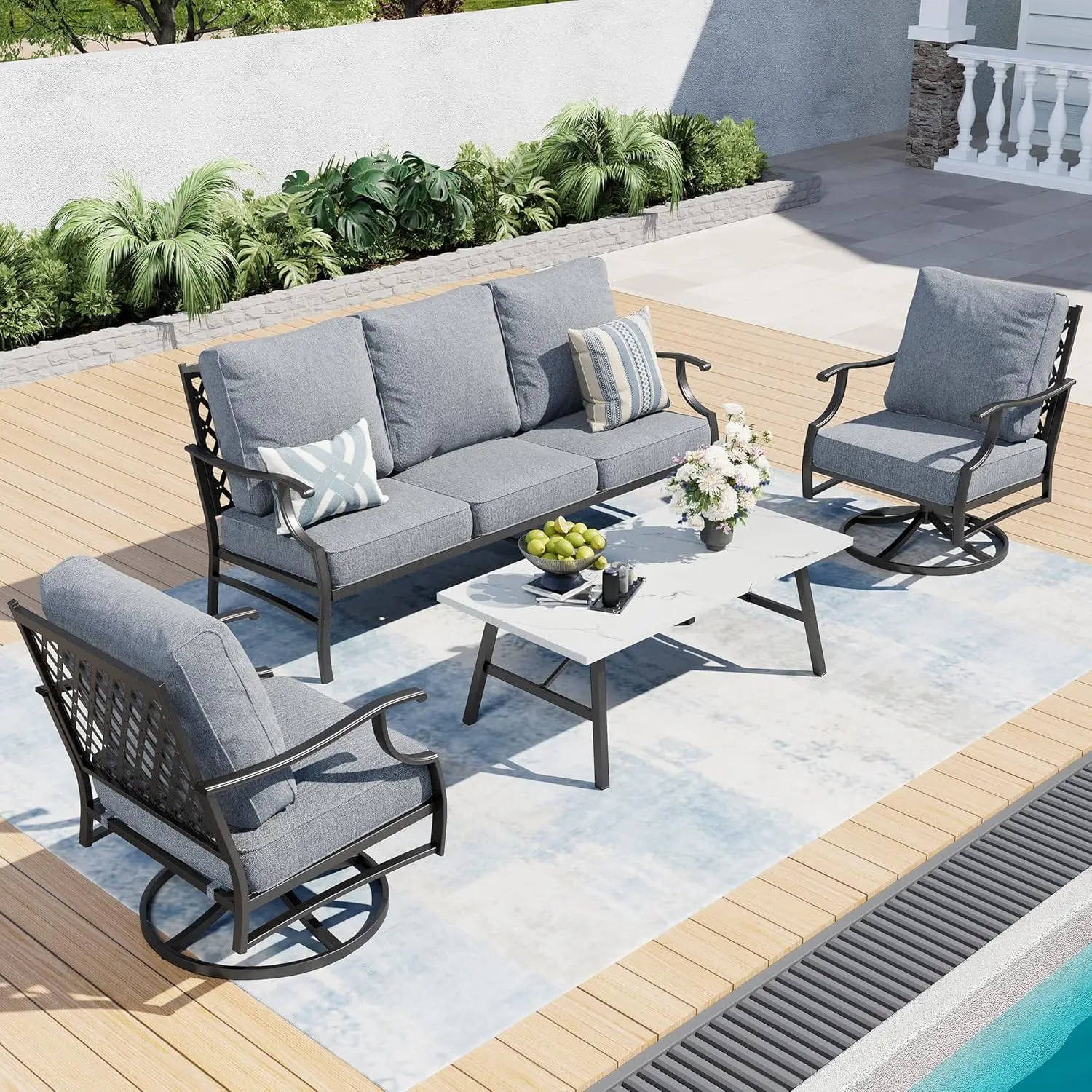 4 Piece Metal Outdoor Patio Furniture Set, Patio Conversation Sets 1 3-seater Sofa, 2 Swivel Chair with 5.75