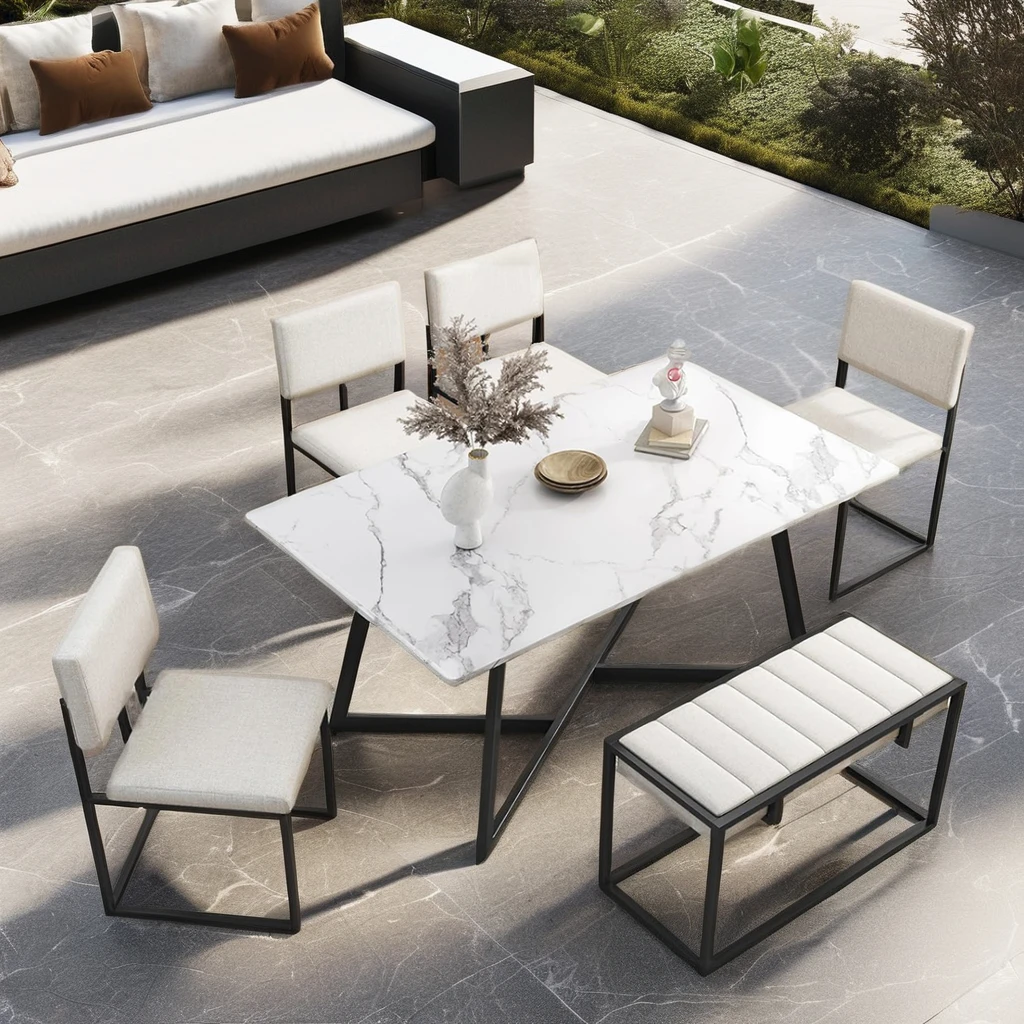 Modern Luxury Faux Marble Rectangular Dining Table Set With Dining Chairs and Bench for Dining Room