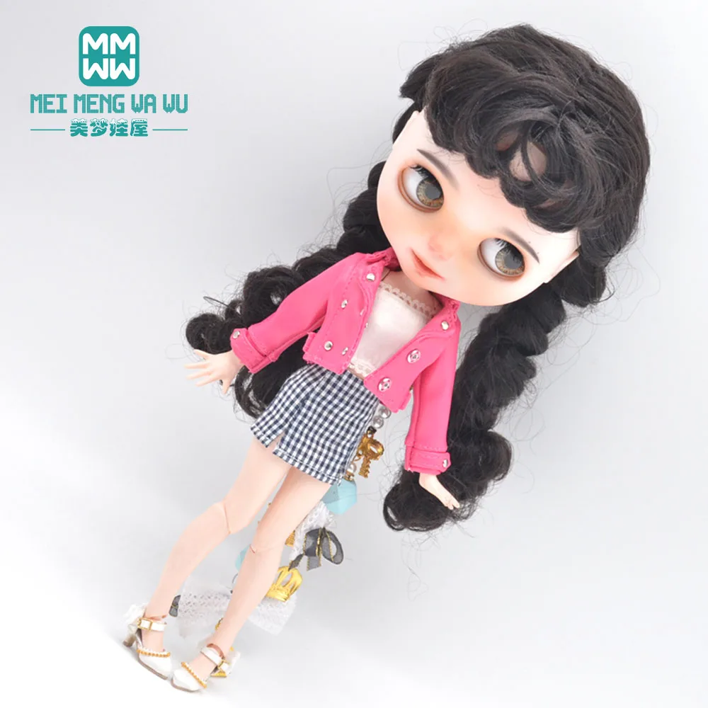 

Fits 28-30cm blyth Azone 1/6 doll clothes accessories Fashion plaid skirt, leather jacket Girl's gift