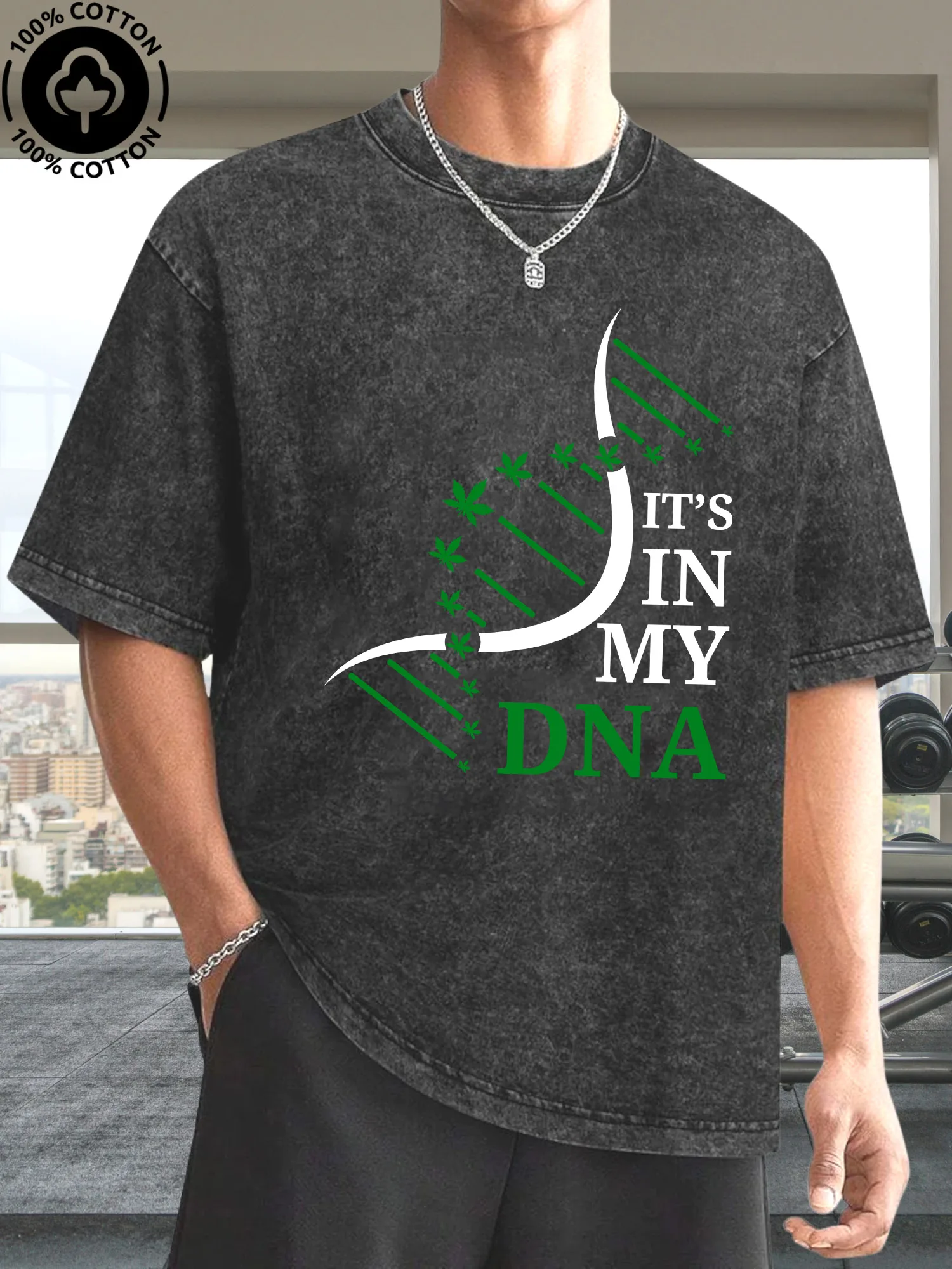 

It's In The DNA Men's Graphic Tee, 100% Cotton Vintage Black T-Shirt, Retro Street Acid Washed Tee