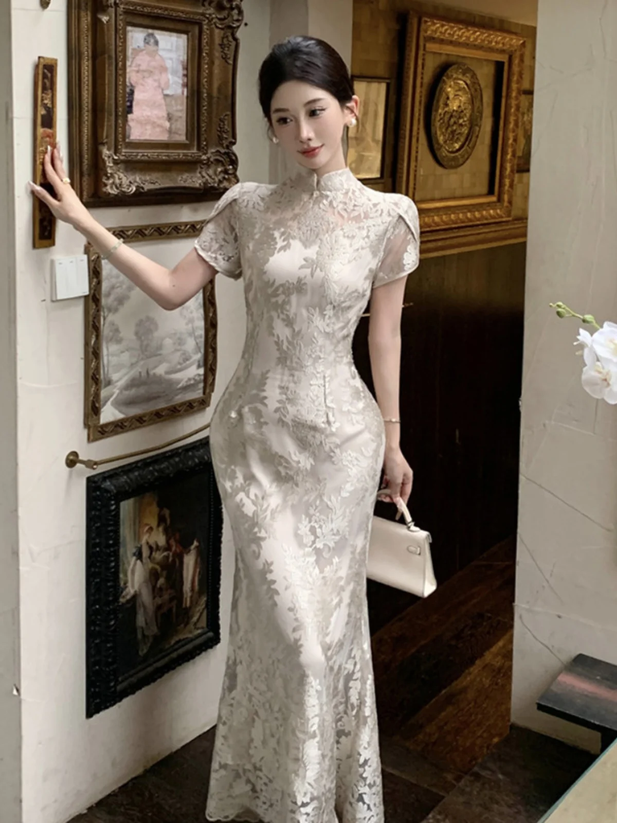 Retro neo-chinês y2k gola renda emendada bodycone sereia vestido elegante high-end socialite senhora vestido verão na moda outfit