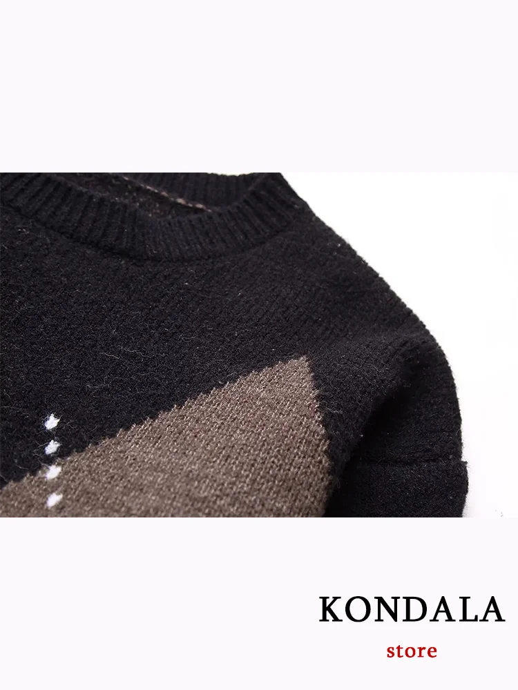 KONDALA casualowy damski sweter w kratę w stylu Vintage sweter z okrągłym dekoltem z długim rękawem luźny sweter 2024 jesienno-zimowy Top prosty