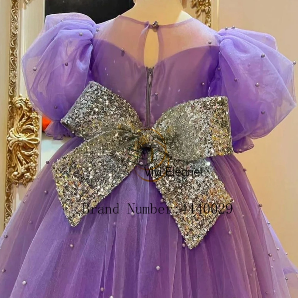 Purple Puffy Sleeve Flower Girls Dresses with Beading Soft Tulle Christmas Gowns 2023 Summer Zipper Back Big Bow فلور فتاة اللبا