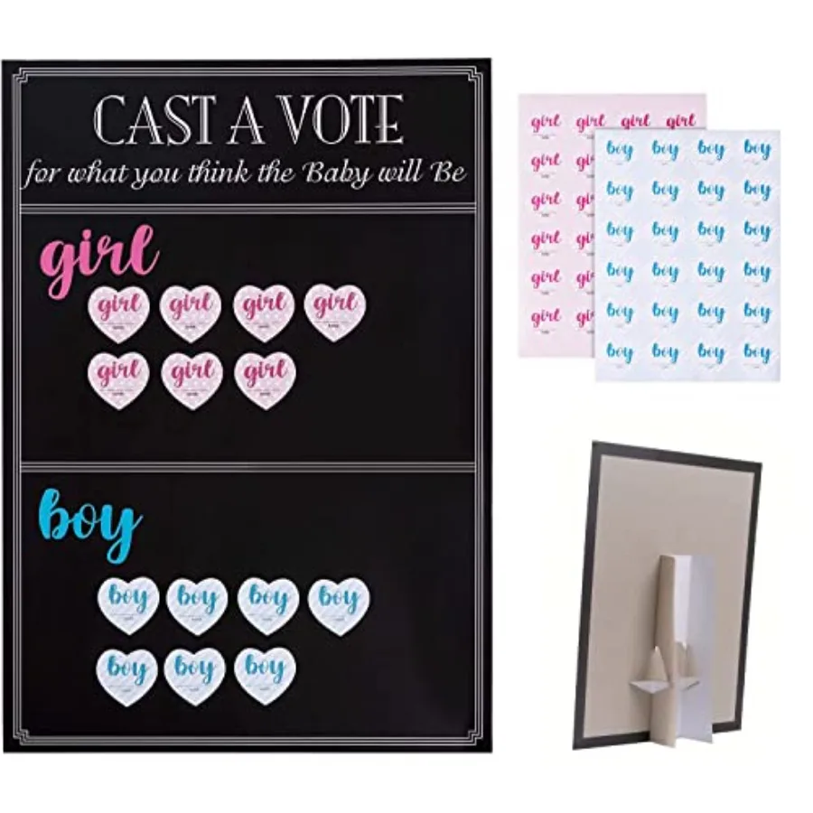 

Baby Gender Reveal Board Game with 144 Girl or Boy Voting Stickers, Cast Your Vote Sign with Stand - Chalkboard Design 12 x 17