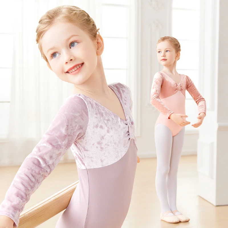 Kids Girls Ballet Leotards Long Sleeve Velvet Splice Dance Bodysuits Nylon Warm Ballet Dance Costumes