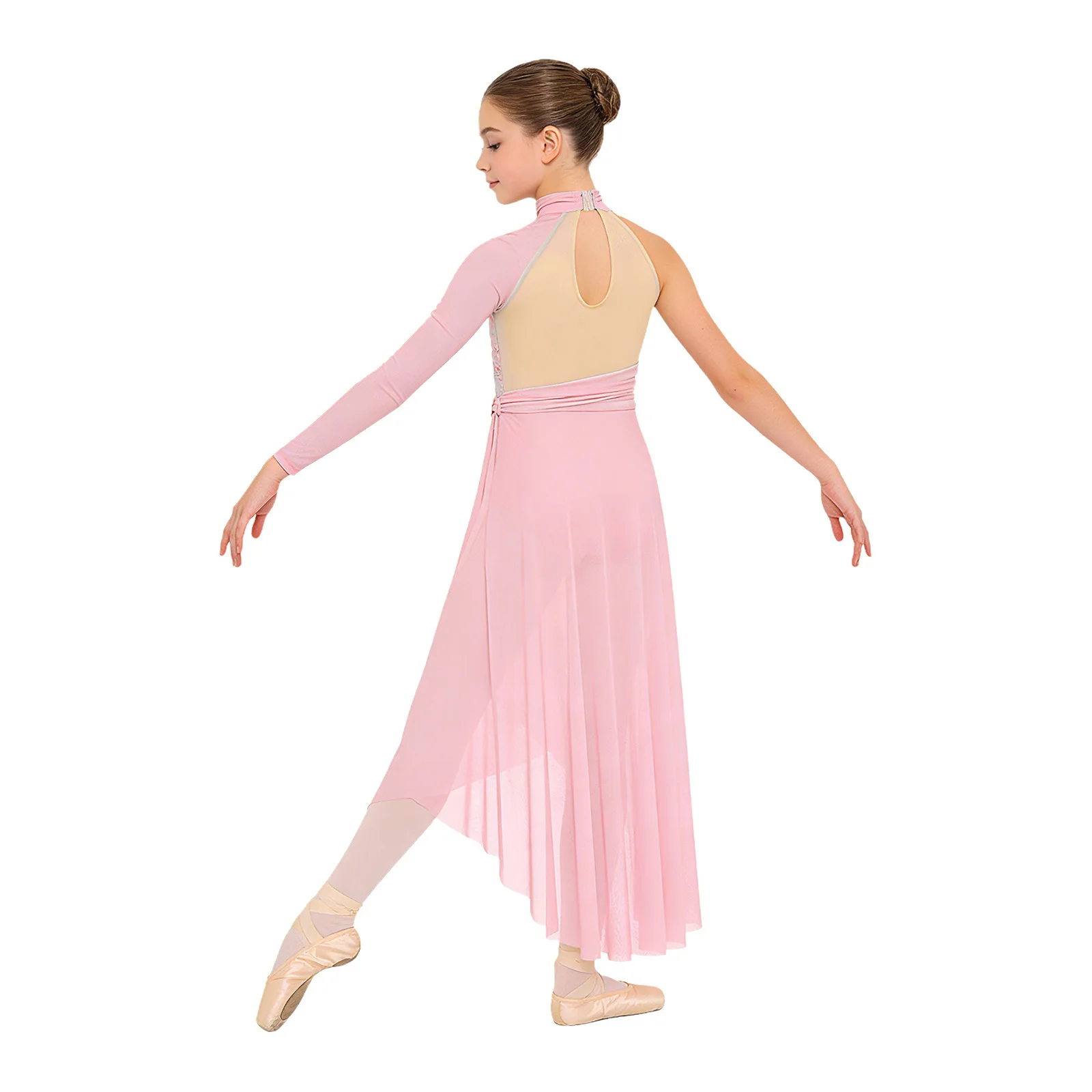 

Детское платье для девочек с аппликацией для лирического и современного танца, фигурного катания, выступлений, с боковым разрезом, асимметричным подолом, сетчатое