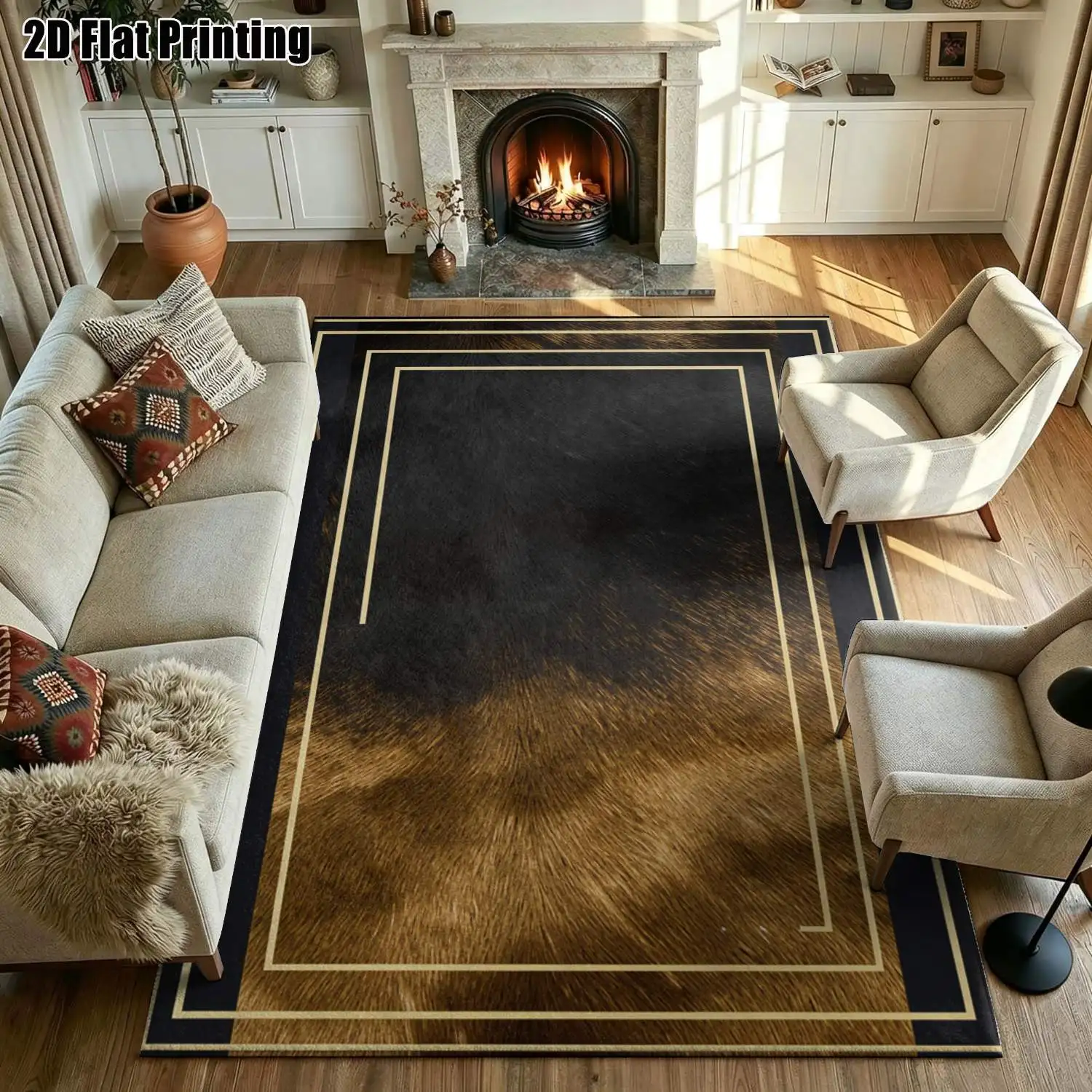 1Pc 2D Printed Carpet: Black & Brown Gradient Fur Pattern, Nordic/Instagram Style, Modern Minimalist European Floor Mat, Home Decor, Multi-Size, Machine Washable Ideal for Entrance, Dining Room, Foyer, Bedroom, Living Room.