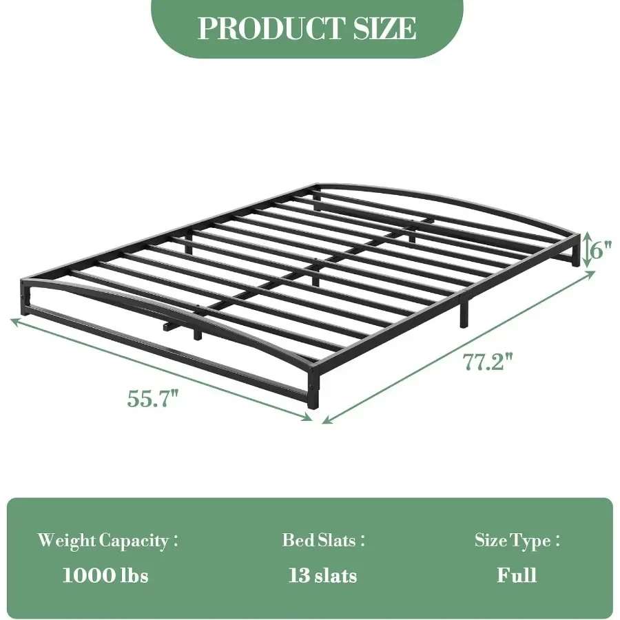 Low Bed Frame Full Size with Arched Headboard and Footboard, 6 Inch Low Profile Metal Platform Bed Frame, Heavy Duty Mattress F