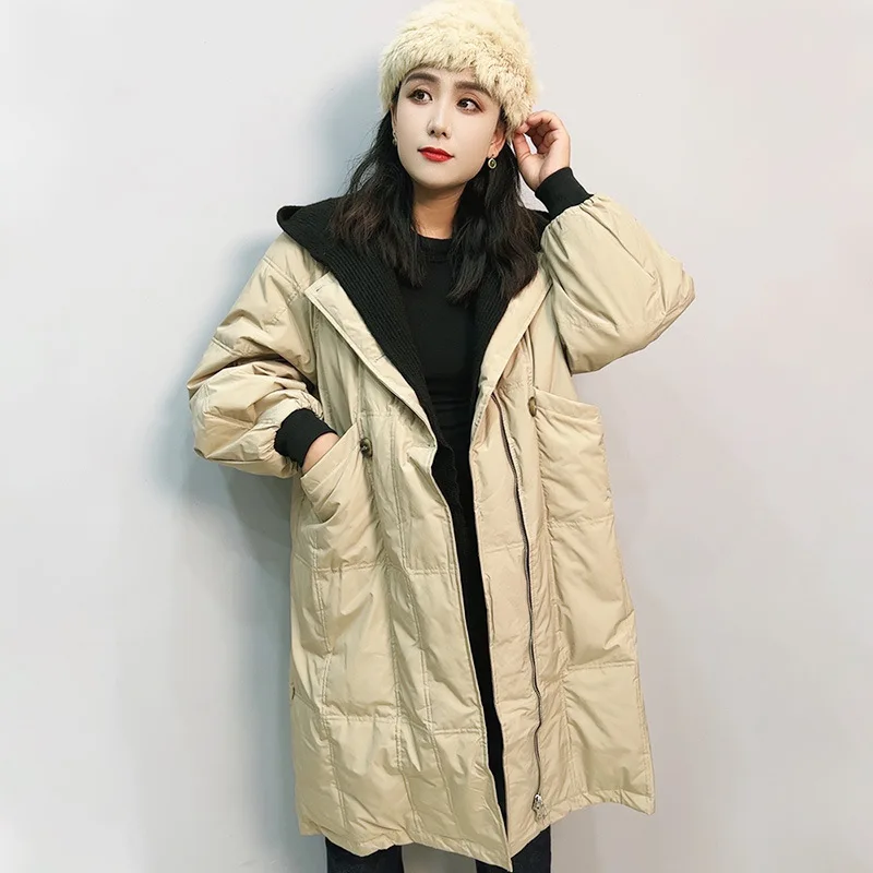 2024 new knitted hat fake two white duck down large size down jacket women's long loose warm hooded color contrast coat