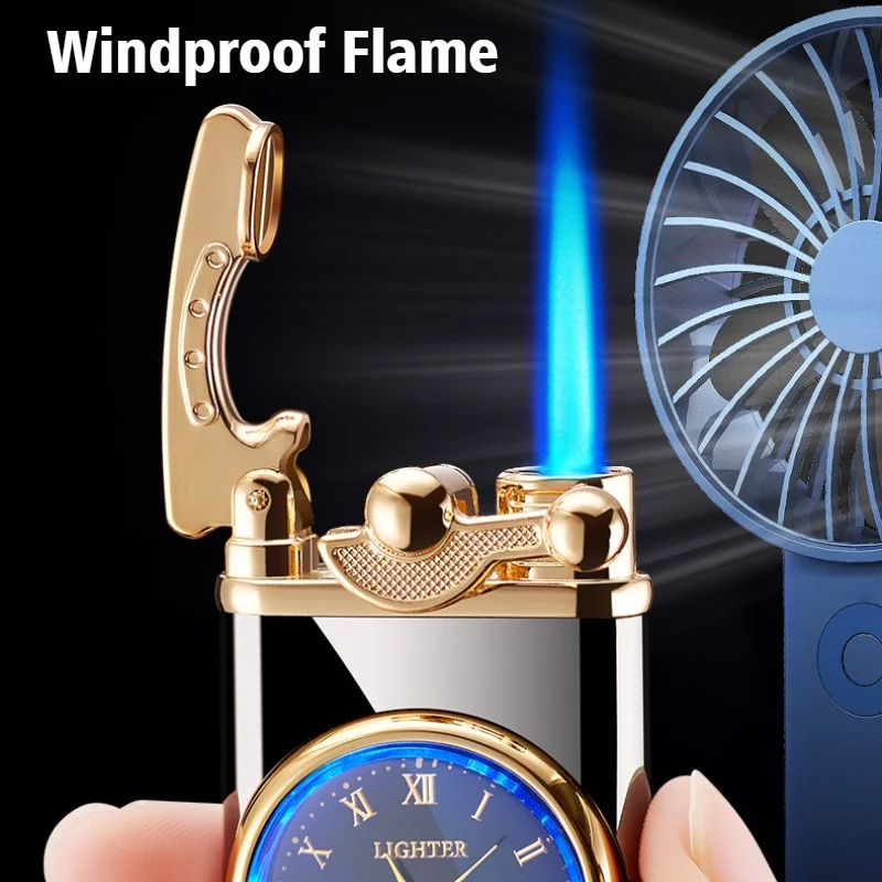 Nieuwe Smart Rocker Horloge Blue Fire Dial Opblaasbare Aansteker voor Rookt Winddicht Open Vlam Sigarettenaanstekers & Roken Accessorie