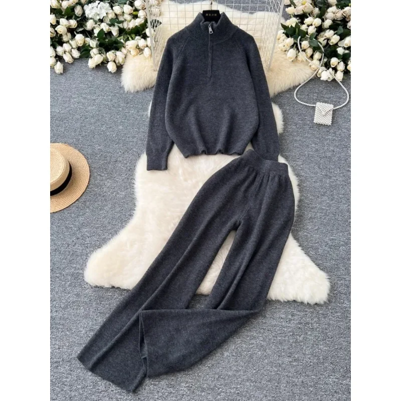 Fashion Pants Suit Women\'s Autumn Warm Soft Casual Collar Zipper Knitted Sweater Straight Pants Winter Lazy Style Two-piece Set