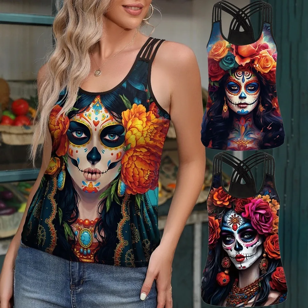 Halloween Black Goth Women Tank Tops Day of The Dead Rose Bride Print Black O-Neck Sleeveless Vest Streetwear Female Tee Clothes