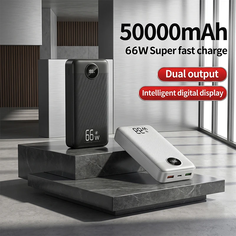 50000mAh tragbare Powerbank, 66W superschnelles tragbares Ladegerät, lädt 3 Geräte gleichzeitig, integrierte LED-Taschenlampe, Akkupack mit hoher Kapazität, kompatibel mit iOS und Android,