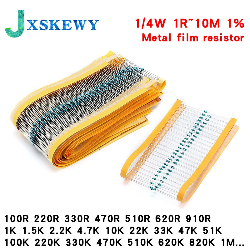 

100pcs 1/4W 1R~10M 1% Metal film resistor 100R 220R 1K 1.5K 2.2K 4.7K 10K 22K 47K 100K 100 220 1K5 2K2 4K7 ohm resistance