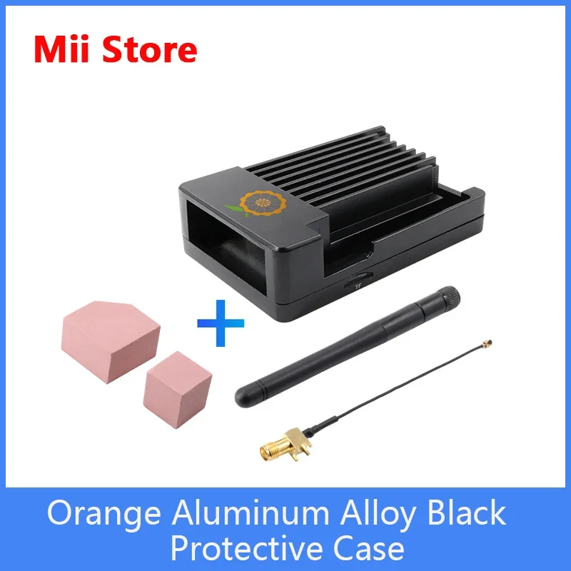 Orange Pi 4/4B Aluminum Alloy Black Protective Case+Antenna+Thermal Conductive Adhesive Suitable for OPI4/4B Boards