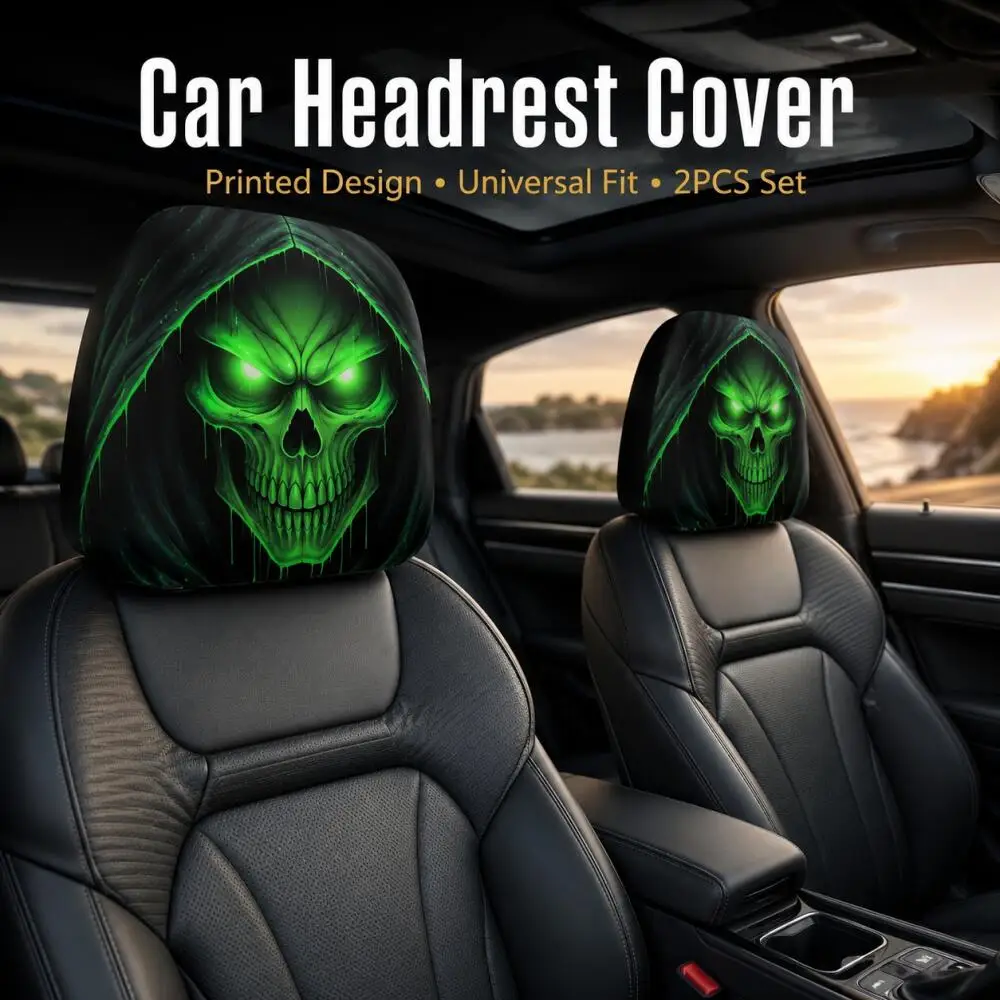 2er-Set grün leuchtende Totenkopf-Kapuzen-Nackenstützenbezüge, 2D flache Gothic-Skelett-Design, schwarz, universeller Auto-Nackenstützenschutz – Detail 6